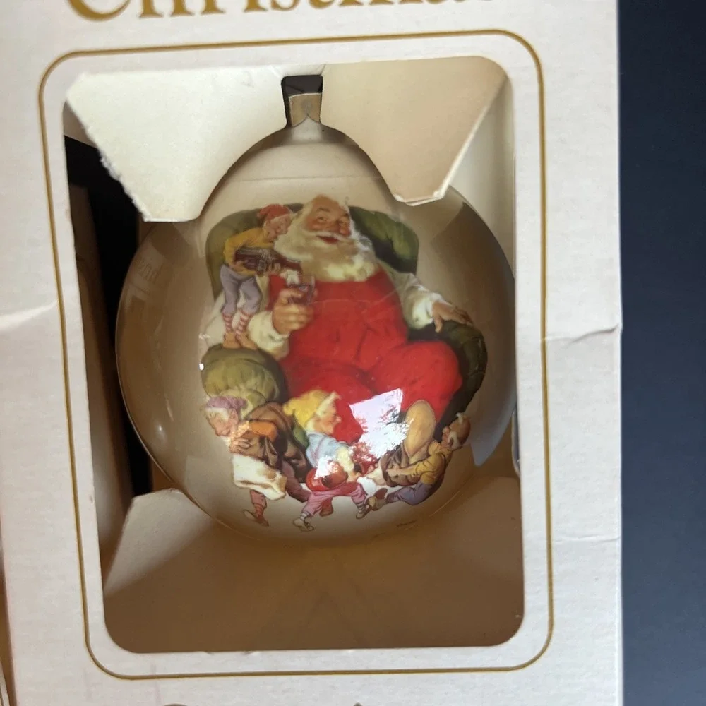 Vintage Santa Claus Glass Ornaments Set of 4 Double Sided Coca Cola Style W/Box